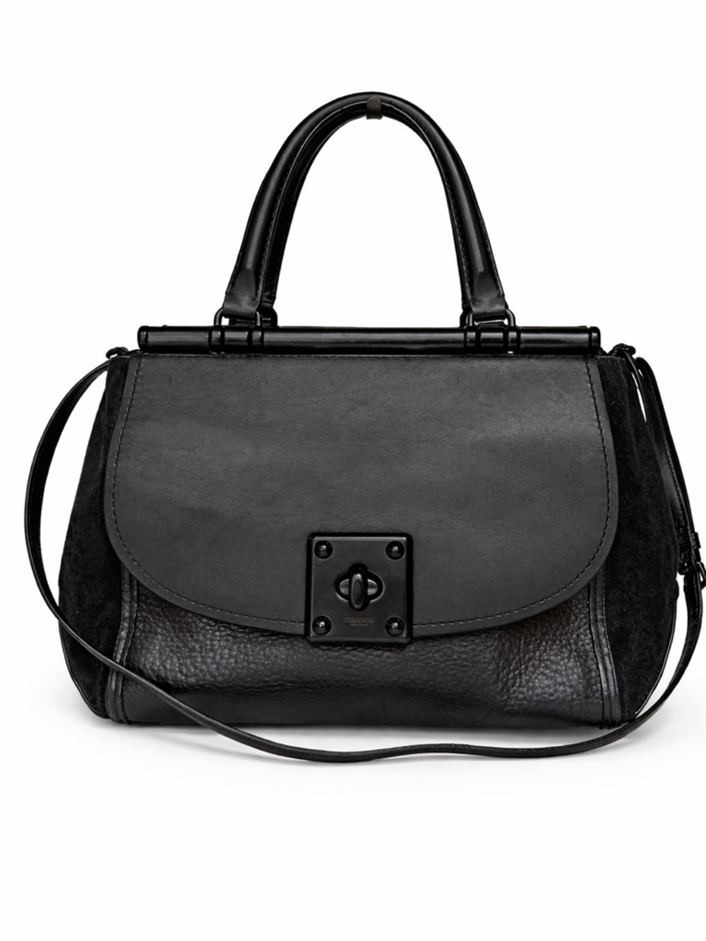 Coach Black Leather & Suede Satchel Top Handle Bag Turnlock Crossbody Purse